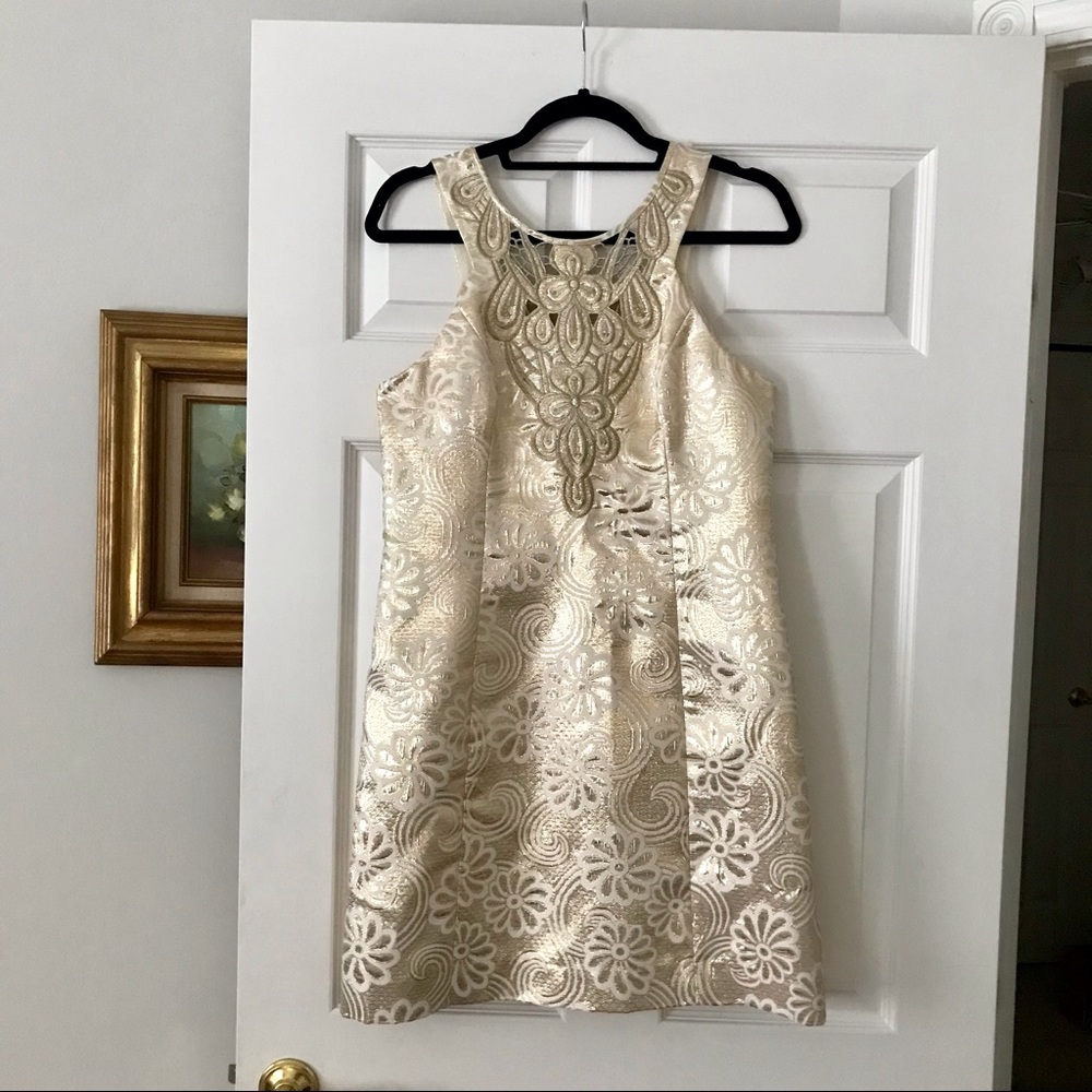 Rare Lily Pulitzer Gold Brocade Dress Sz 6 see measurements for perfect fit EUC